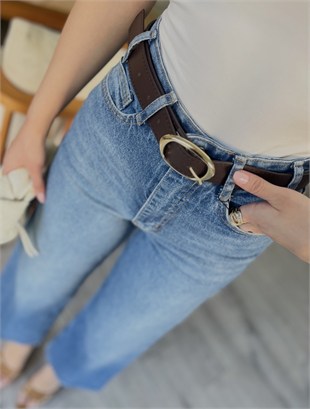 Mavi Culotte Yüksek Bel Kemerli Jean