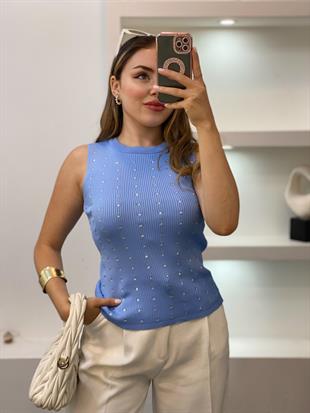 Mavi Damla Taşlı Triko Bluz