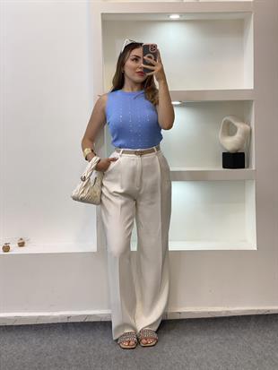 Mavi Damla Taşlı Triko Bluz