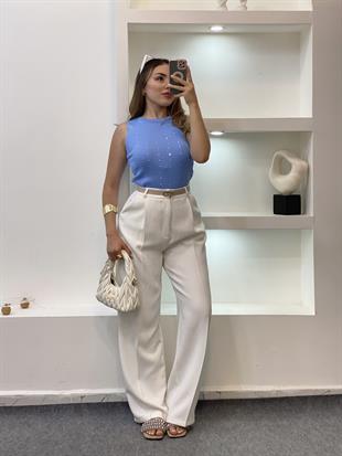 Mavi Damla Taşlı Triko Bluz
