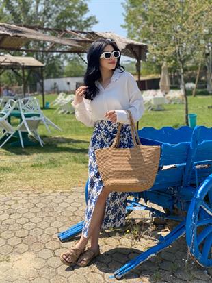 Mavi Desenli Baglamalı Model Keten Etek