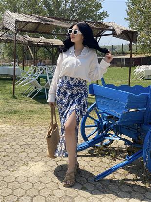 Mavi Desenli Baglamalı Model Keten Etek