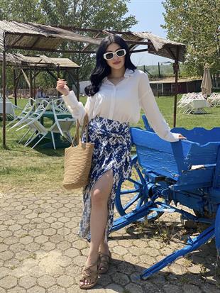 Mavi Desenli Baglamalı Model Keten Etek