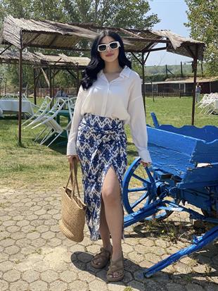 Mavi Desenli Baglamalı Model Keten Etek