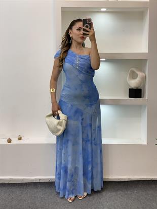 Mavi Desenli Kayık Yaka Elbise