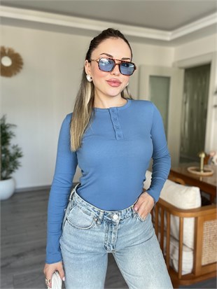 Mavi Düğmeli Fitilli Basic Bluz