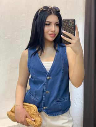Mavi Düğmeli Model Arkası Kemerli Denim Yelek