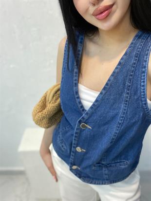 Mavi Düğmeli Model Arkası Kemerli Denim Yelek