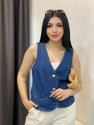 Mavi Düğmeli Model Arkası Kemerli Denim Yelek