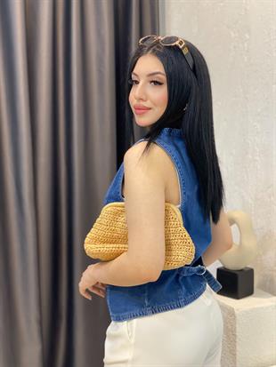 Mavi Düğmeli Model Arkası Kemerli Denim Yelek