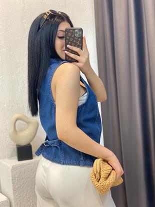 Mavi Düğmeli Model Arkası Kemerli Denim Yelek