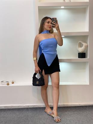 Mavi Fularlı Triko Bluz