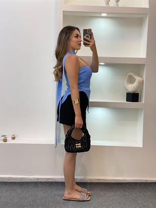 Mavi Fularlı Triko Bluz