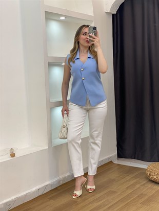 Mavi Gold Düğmeli Çelik Triko Yelek