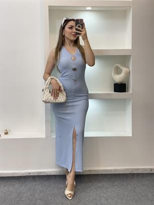 Mavi Likralı Güneş Elbise