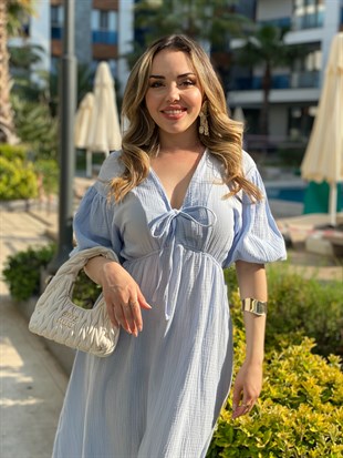 Mavi Önü Bağcıklı Model Elbise