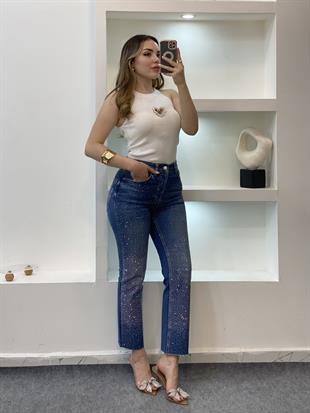 Mavi Parıltılı Taşlı Boyfit Jean 