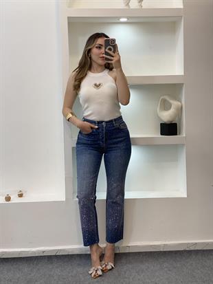 Mavi Parıltılı Taşlı Boyfit Jean 