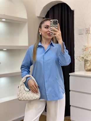 Mavi Parıltılı Taşlı Gömlek 