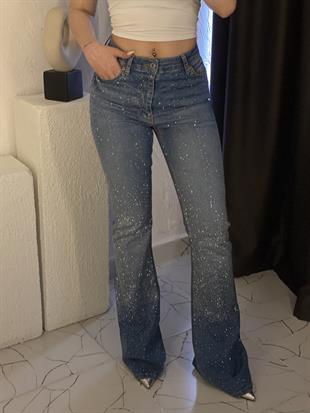 Mavi Parıltılı Taşlı İspanyol Jean