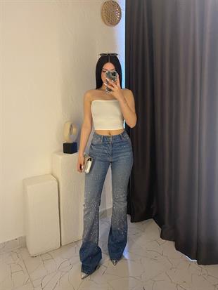 Mavi Parıltılı Taşlı İspanyol Jean