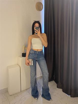 Mavi Parıltılı Taşlı İspanyol Jean