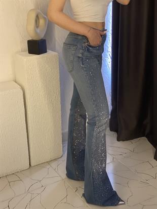 Mavi Parıltılı Taşlı İspanyol Jean