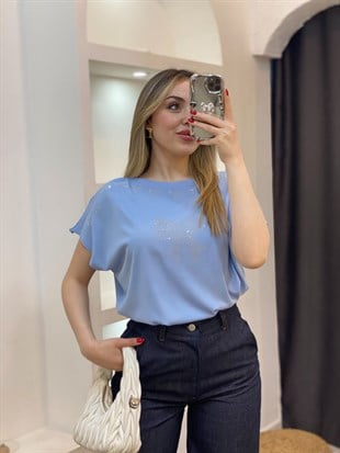 Mavi Parıltılı Taşlı Merserize Triko Bluz