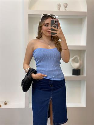 Mavi Parıltılı Taşlı Straplez Triko Bluz