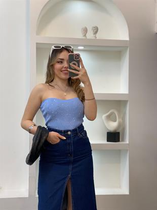 Mavi Parıltılı Taşlı Straplez Triko Bluz