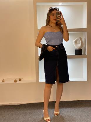 Mavi Parıltılı Taşlı Straplez Triko Bluz