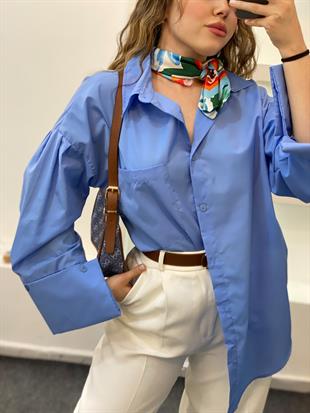 Mavi Renk Cepli Oversize Poplin Kumaş GÖMLEK