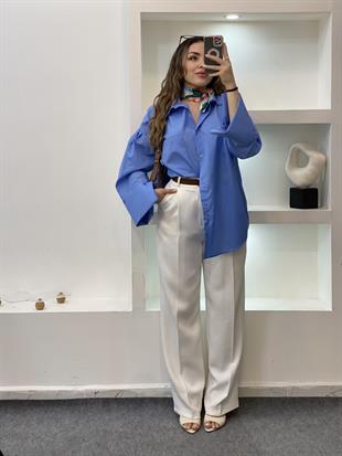 Mavi Renk Cepli Oversize Poplin Kumaş GÖMLEK