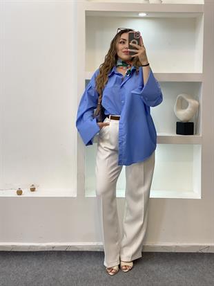 Mavi Renk Cepli Oversize Poplin Kumaş GÖMLEK