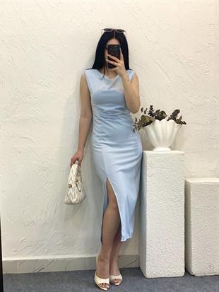 Mavi Renk Yırtmaç Detay Sırt Fermuarlı Elbise