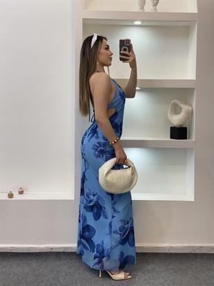 Mavi Sırt Dekolteli Floral Elbise