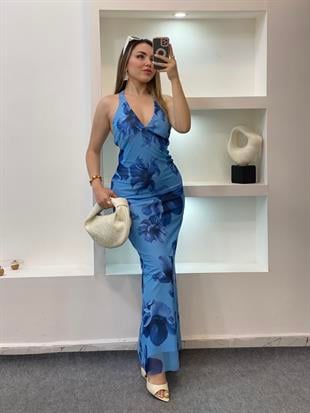 Mavi Sırt Dekolteli Floral Elbise