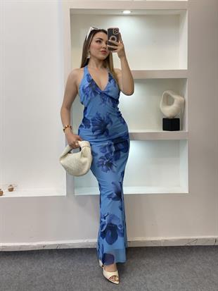 Mavi Sırt Dekolteli Floral Elbise