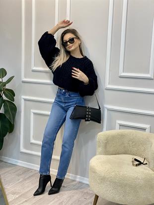 Mavi Tırnaklı Yüksek Bel Boy Fit Jean 
