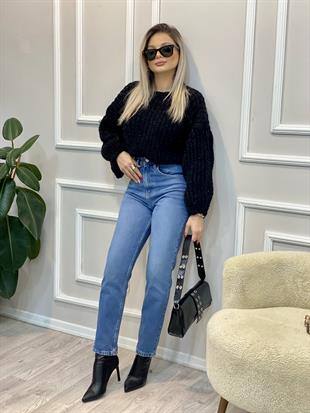 Mavi Tırnaklı Yüksek Bel Boy Fit Jean 