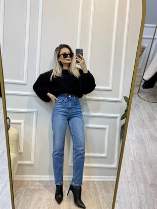 Mavi Tırnaklı Yüksek Bel Boy Fit Jean 