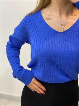 Mavi V Yaka Delikli Model Triko