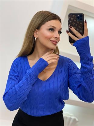Mavi V Yaka Saç Örgü Model Triko
