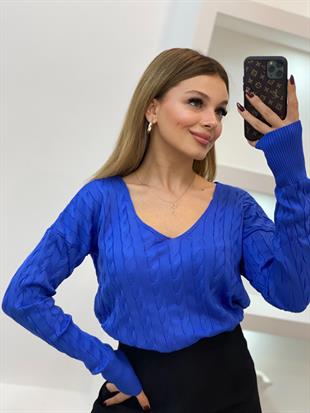 Mavi V Yaka Saç Örgü Model Triko