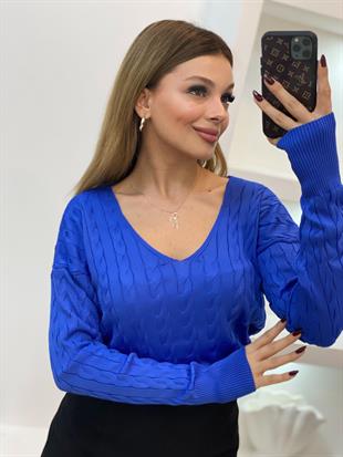 Mavi V Yaka Saç Örgü Model Triko
