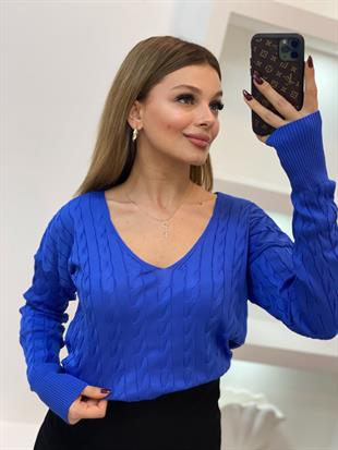 Mavi V Yaka Saç Örgü Model Triko