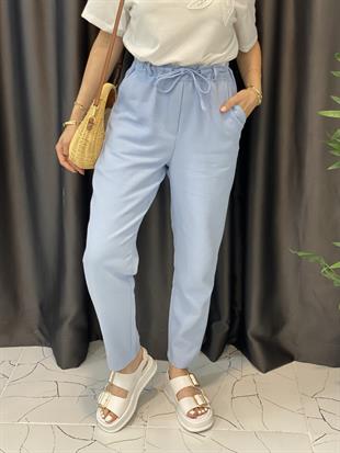 Mavi Yüksek Bel İnce Keten Gabardin Pantolon 