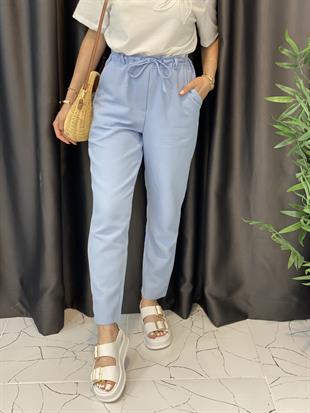 Mavi Yüksek Bel İnce Keten Gabardin Pantolon 
