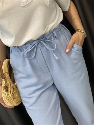Mavi Yüksek Bel İnce Keten Gabardin Pantolon 