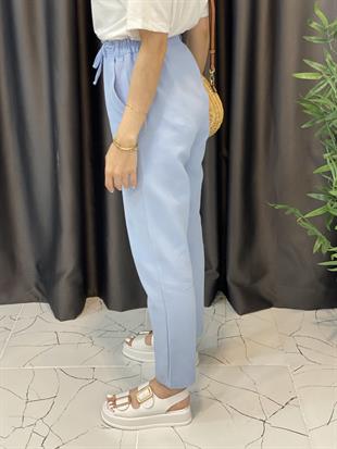 Mavi Yüksek Bel İnce Keten Gabardin Pantolon 